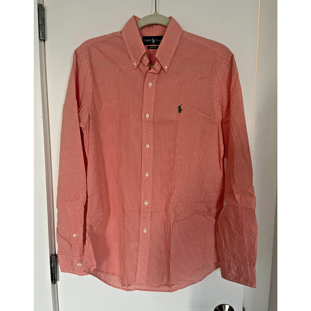 Polo Ralph Lauren Men's S Custom Fit Orange Gingham Logo Pony Button Down Shirt